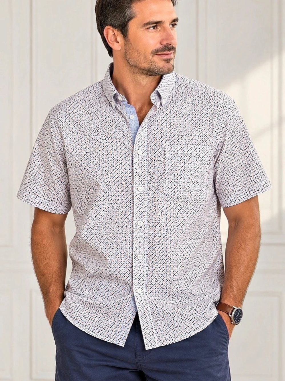 Johnston & Murphy Men's Geometric Button Down in White & Blue XL